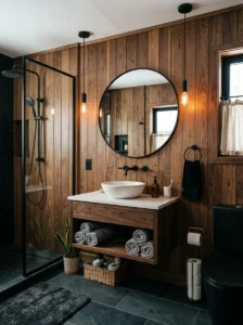 Wood panel bathroom with black details design