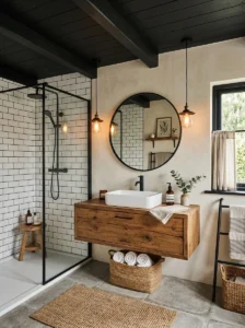 Black wood ceiling in a rustic modern bathroom