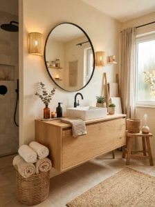 Wood bathroom vanity paired with matte black fixtures