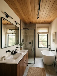 Wood ceiling bathroom with black fixtures