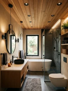 Bathroom with wooden ceiling and black fixtures