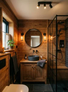 Wood panel bathroom walls with black accents design