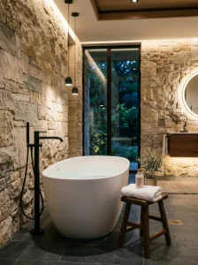Black freestanding tub fixtures adding elegance to luxury bathroom