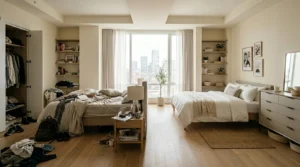 Before and after cluttered room makeover showing organized minimalist interior design.
