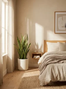 Snake plant in a cozy minimalist bedroom improving air quality and adding modern greenery.