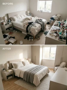 Decluttered cozy bedroom transformation with organized and calming interior design.