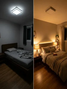 Layered lighting setup improving brightness in a small bedroom