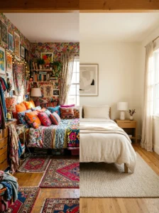 Room with excessive colors and patterns making the space feel visually cluttered.