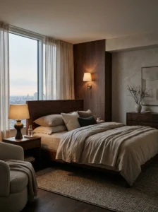 Quiet luxury bedroom with elegant neutral decor and timeless high-end interior design.