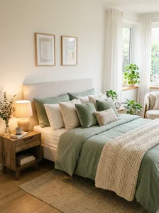 Sage green bedding and cozy bedroom decor for St. Patrick’s Day