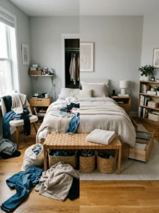 Bedroom clutter caused by lack of hidden storage and organization solutions.