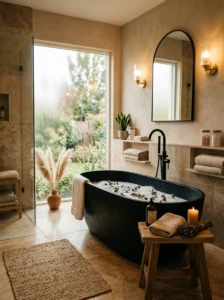 Black freestanding bathtub in a warm beige bathroom