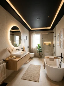 Beige bathroom with black ceiling and warm lighting
