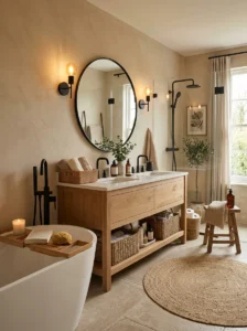 Beige bathroom with modern matte black fixtures