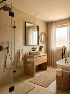 Black bathroom fixtures softened with warm beige tones and textures
