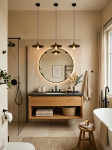 Warm beige bathroom featuring black lighting fixtures