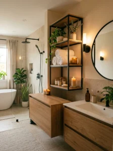 Modern beige bathroom with black open shelving and warm decor
