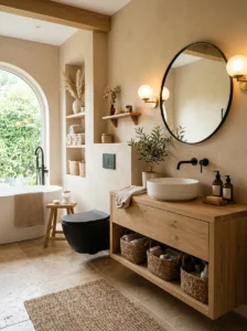 Beige bathroom featuring a modern black toilet