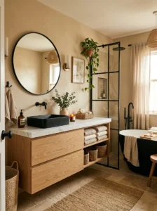 Cozy beige bathroom with wood accents and black fixtures