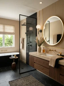 Beige and black bathroom with gold accents and modern decor