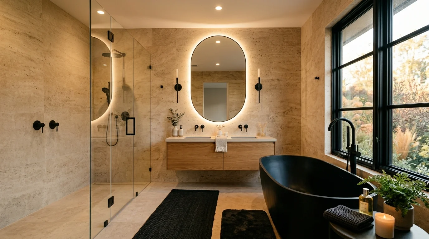 Warm beige and black bathroom with modern spa-inspired decor and black fixtures