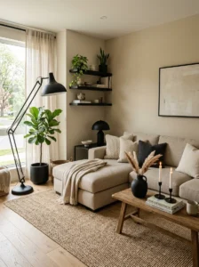 Neutral living room with subtle black accents adding contrast and depth.