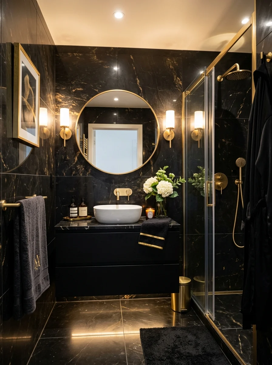 Black and gold bathroom with luxury modern design and gold fixtures