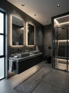 Black and grey bathroom featuring modern LED lighting accents