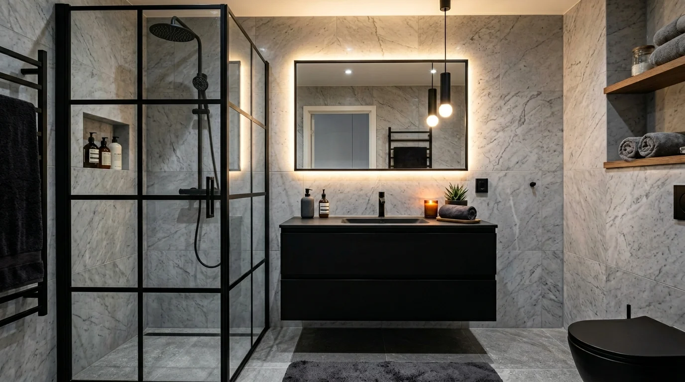 Modern black and grey bathroom with marble walls and matte black fixtures