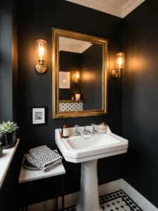 Cozy black and white powder room with dramatic decor