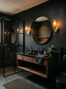 Black bathroom with soft warm lighting creating a cozy and clean atmosphere