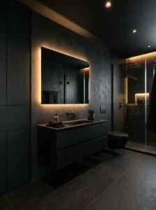 Minimalist all-black bathroom with clean modern design