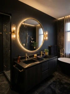 Black and gold bathroom accents creating an elegant and clean look