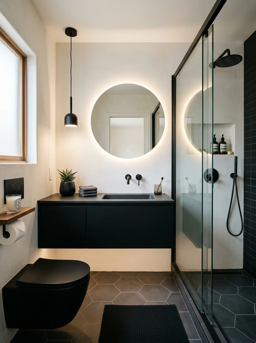Small black bathroom with floating vanity and space saving modern design