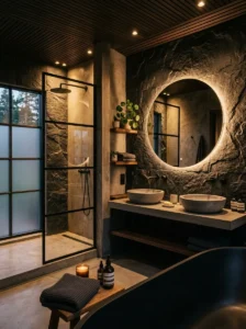 Black stone and concrete bathroom textures creating a modern luxury atmosphere