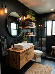 Black and wood bathroom combination creating warmth and modern style
