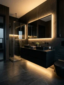 Hidden LED lighting creating depth in a modern black bathroom