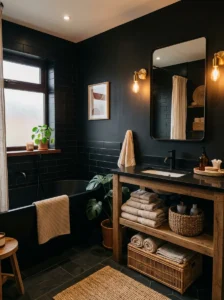 Black bathroom softened with beige accents and warm textures