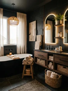Black bathroom softened with beige accents and warm textures