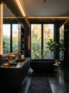 Luxury black bathroom with marble walls, warm lighting, and modern high-end decor