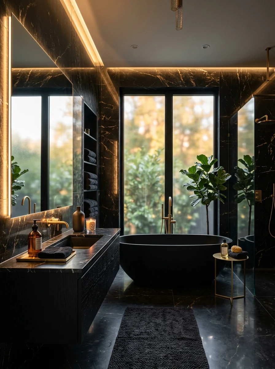 Luxury black bathroom with marble walls, warm lighting, and modern high-end decor