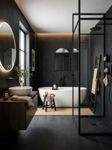 Matte black bathroom walls paired with white fixtures for a clean modern contrast