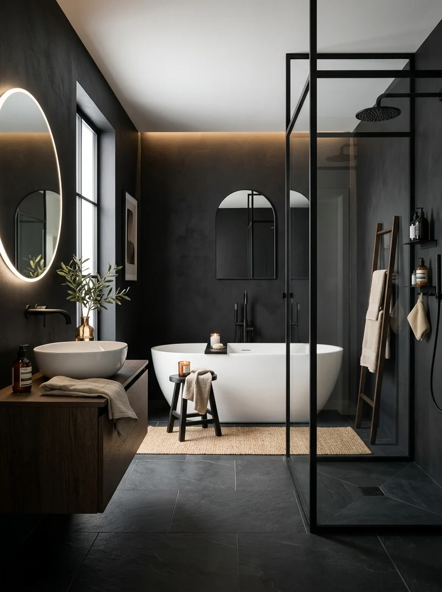 Matte black bathroom walls paired with white fixtures for a clean modern contrast