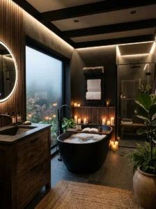 Black spa-inspired bathroom with warm cozy lighting