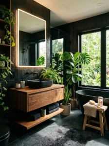 Black bathroom decorated with indoor plants and warm textures