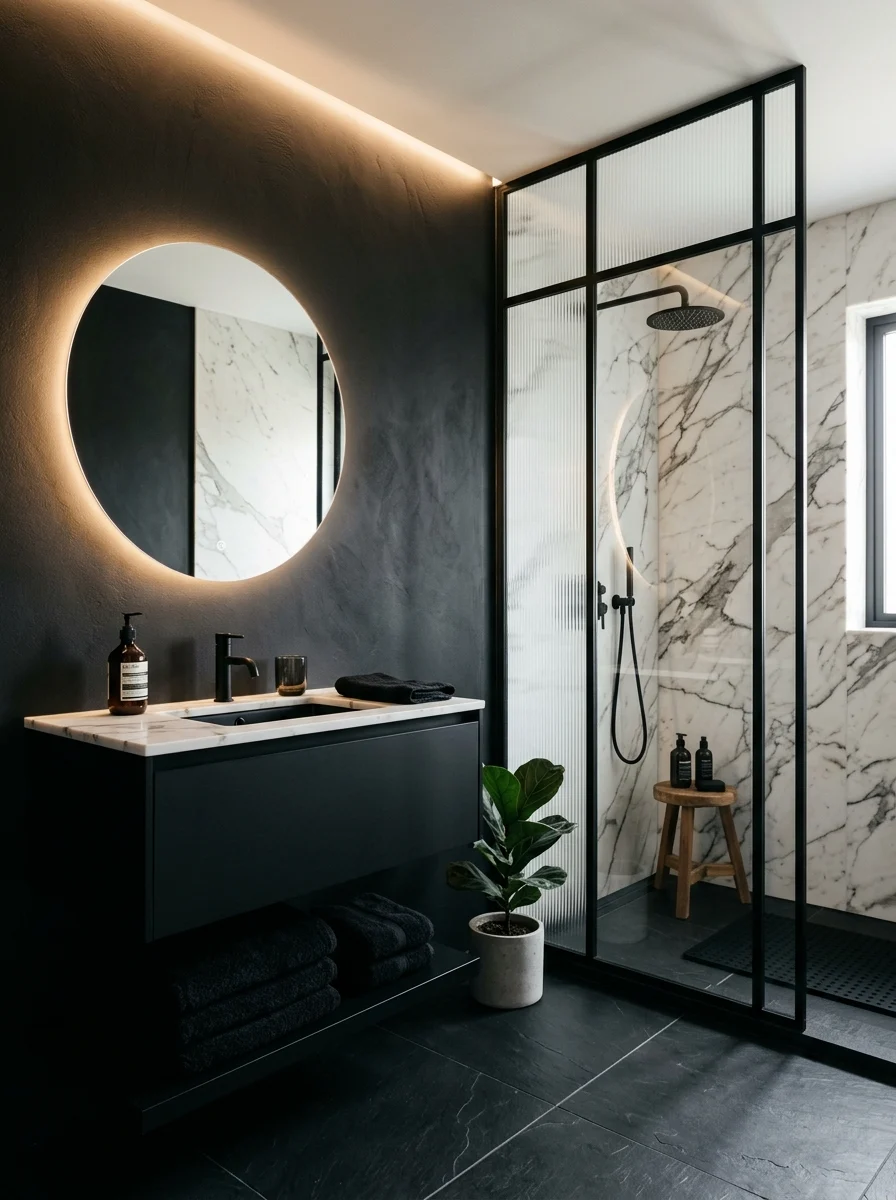Modern black bathroom with matte walls, warm lighting, and minimalist luxury decor