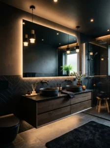Oversized mirrors making a black bathroom feel brighter and more spacious