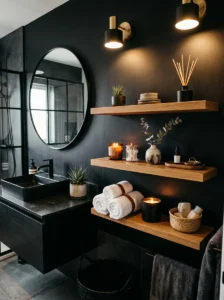 Black bathroom featuring open shelving and cozy decor