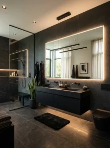 Black bathroom with large mirrors and modern decor