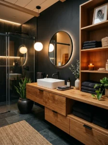 Black and wood bathroom design creating a warm and balanced modern space